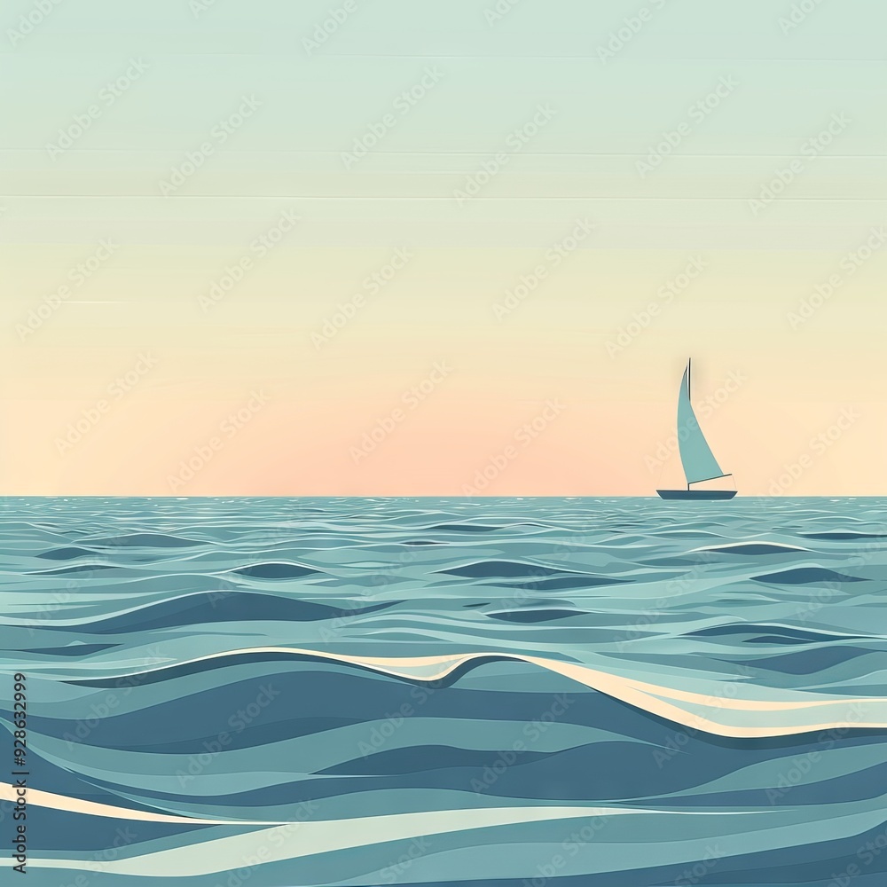 Obraz premium Gentle, rolling ocean waves with a simple horizon and a minimalistic sailboat in the distance. minimalistic style illustration 