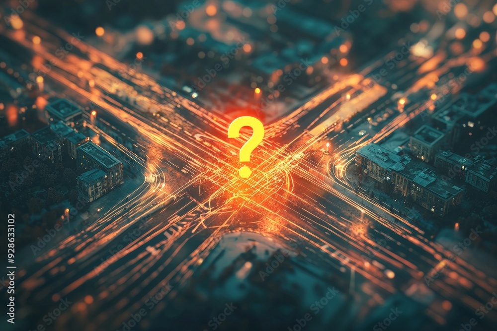 A glowing question mark icon hovering over a crossroads, representing a difficult decision or choice. A glowing question mark icon hovering over a crossroads, representing a difficult decision or choice.