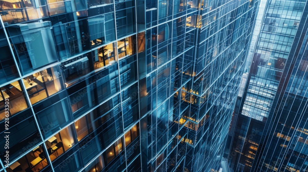 Fototapeta premium office building in the financial center shot from above, the glass curtain wall is full of texture