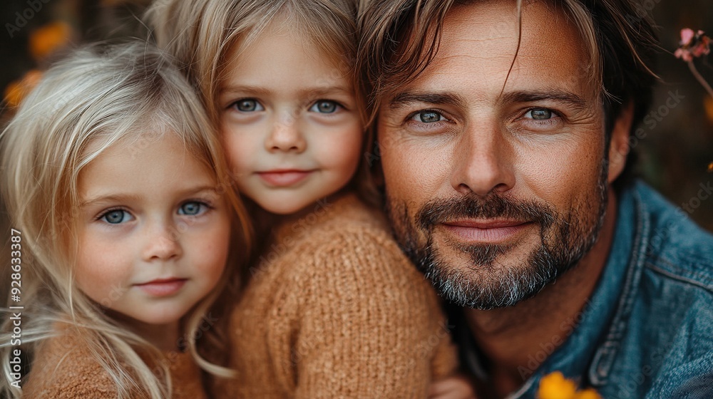 In spring nature, a father is together with his three little daughters, all looking at the camera. In spring nature, a father is together with his three little daughters, all looking at the camera.