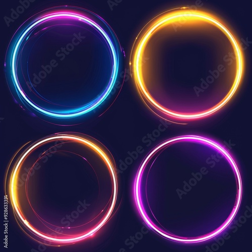 glowing circle, Set of glowing frame designs in blue, pink, yellow, abstract mandala bright colored circle background. 