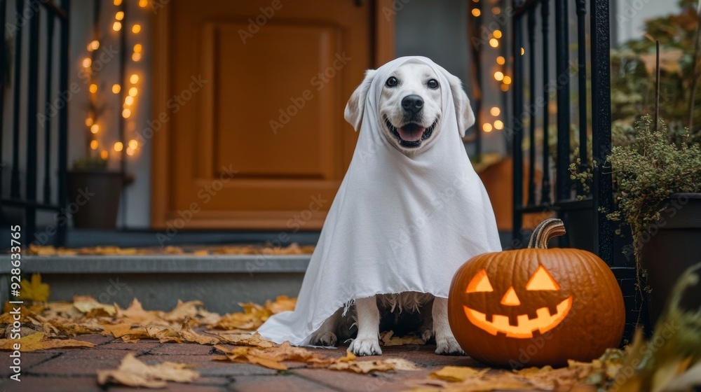 Happy golden retriever dog wearing ghost costume sitting by jack o ...