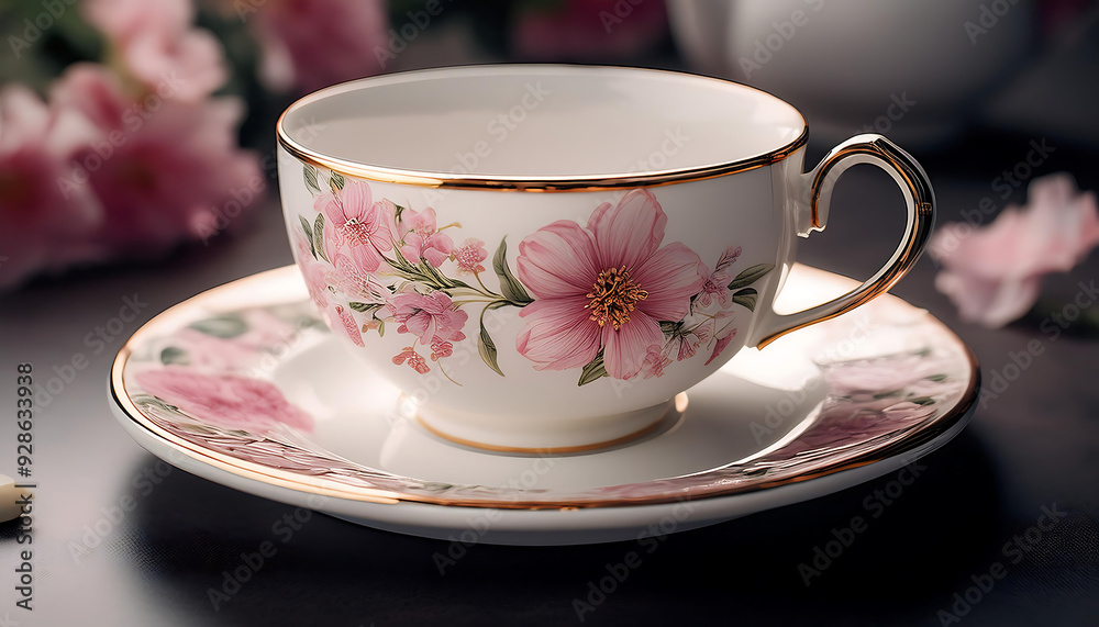 white tea cup pink floral patterns resting matching saucer white tea cup pink floral patterns resting matching saucer