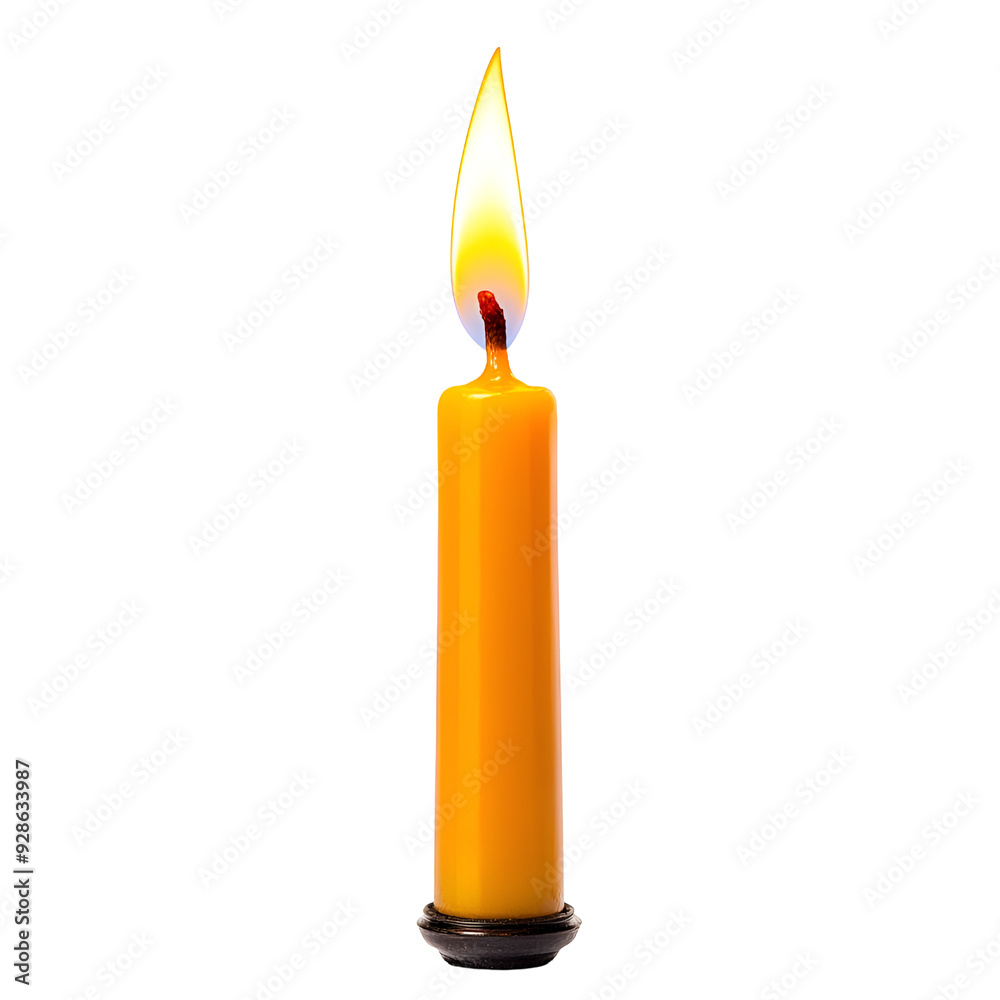 A vibrant yellow candle with a flickering flame, isolated on a white or transparent background A vibrant yellow candle with a flickering flame, isolated on a white or transparent background