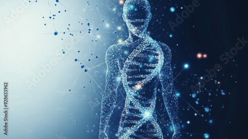 human abstract figure standing made entirely of dna strands and amino acids glitch effect, blue and white color