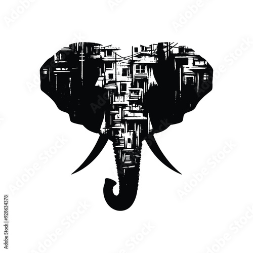silhouette of Elephant filled with ghetto street in rough drawing,