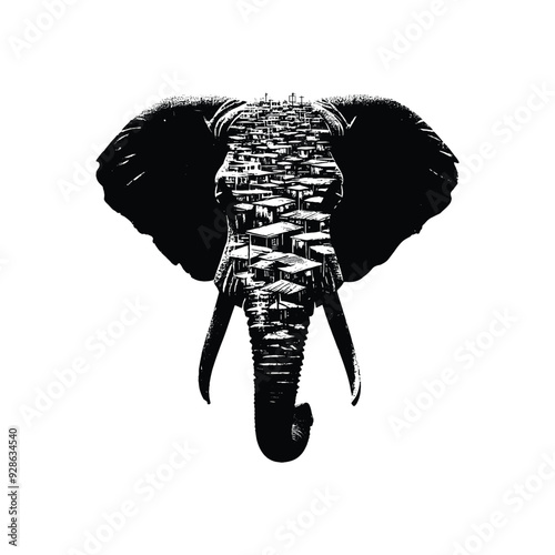 silhouette of Elephant filled with ghetto street in rough drawing,