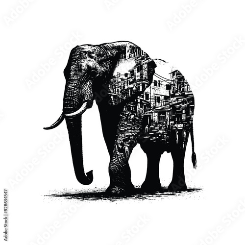 silhouette of Elephant filled with ghetto street in rough drawing,
