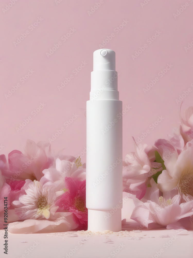 White cosmetic bottle with pink flowers. White cosmetic bottle with pink flowers.