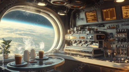 Fototapeta Naklejka Na Ścianę i Meble -  Coffee break with a view, enjoying a hot drink in a futuristic space cafe