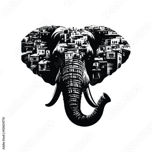 silhouette of Elephant filled with ghetto street in rough drawing,