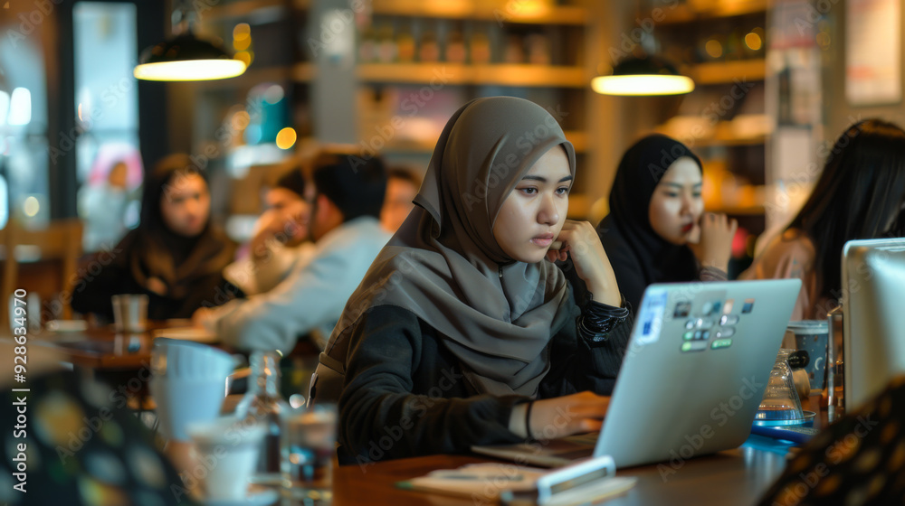 Portrait of a young Muslim woman working with a laptop at a table in a modern cafe. Beautiful female student in national dress indoors. Portrait of a young Muslim woman working with a laptop at a table in a modern cafe. Beautiful female student in national dress indoors.