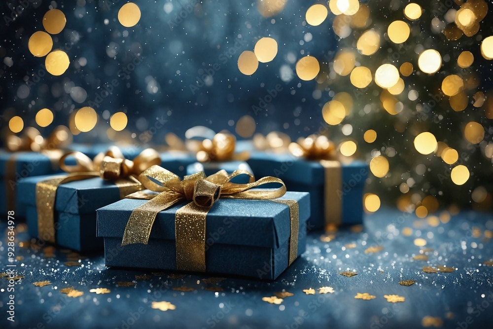 Festive Gift Boxes with Gold Ribbons on Sparkling Background Festive Gift Boxes with Gold Ribbons on Sparkling Background