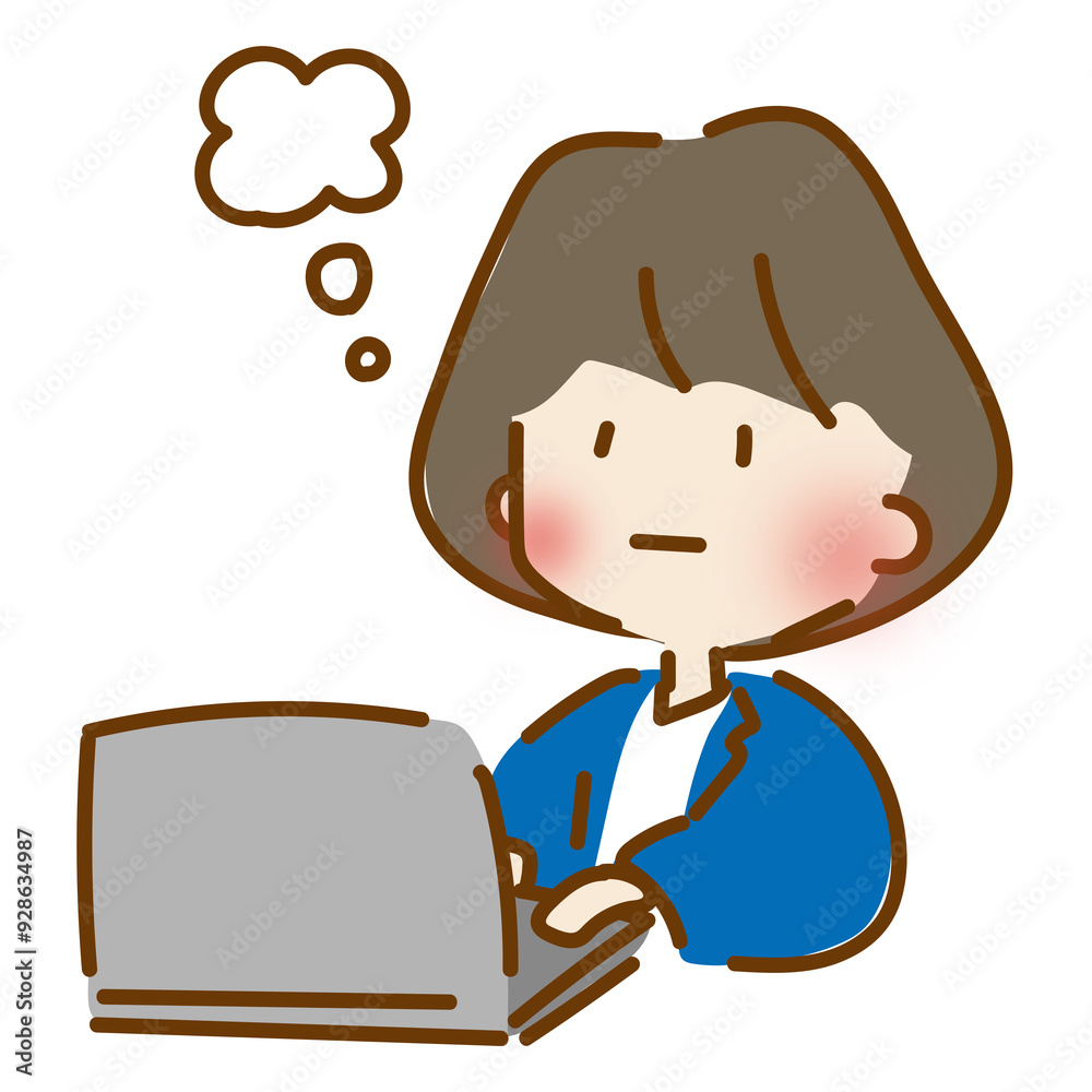 考え事をしながらパソコン作業の仕事をするゆるくて可愛い会社員の女性
