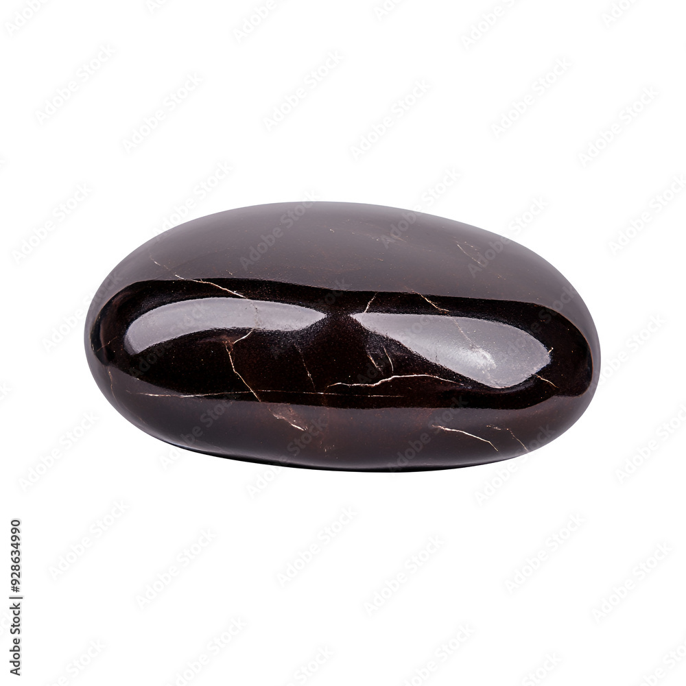 A smooth, polished black stone with natural veining, isolated on a white or transparent background A smooth, polished black stone with natural veining, isolated on a white or transparent background