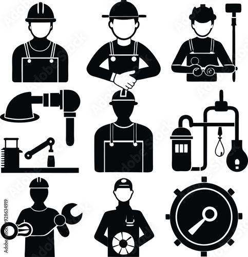 Construction Workers Modern Black Silhouette Design Elements