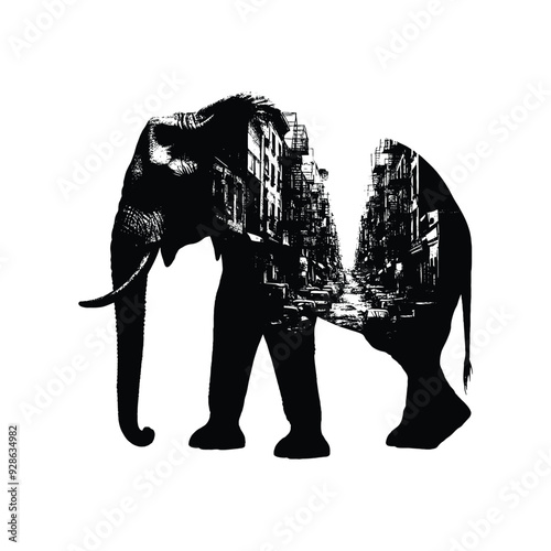 silhouette of Elephant filled with ghetto street in rough drawing,