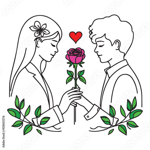 hand holding rose, couple with rose, boy and girl holding pink rose vector line art illustration.