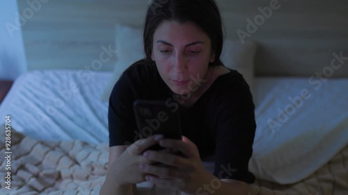 Wallpaper Mural Nighttime Phone Dependency Woman Lying in Bed Struggling to Sleep Torontodigital.ca