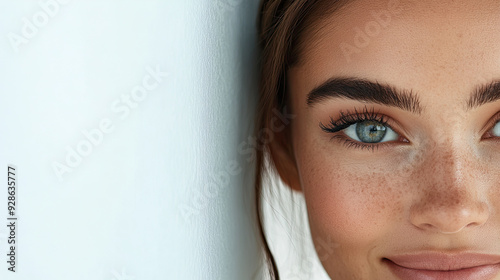 website cover image of woman's face in close-up, focusing on her eye and half-smile with freckles photo