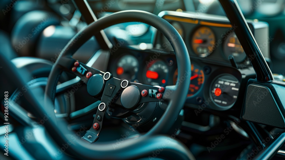 Closeup view of a car's steering wheel and dashboard with the gauges in focus. Closeup view of a car's steering wheel and dashboard with the gauges in focus.