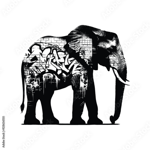 silhouette of Elephant filled with graffiti street wall in rough drawing,