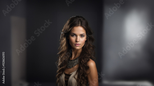 Elegant brunette model in ancient attire, exuding timeless beauty. Flawless skin, natural makeup, and captivating gaze. Studio shot with copy space. Ideal for historical and beauty campaigns