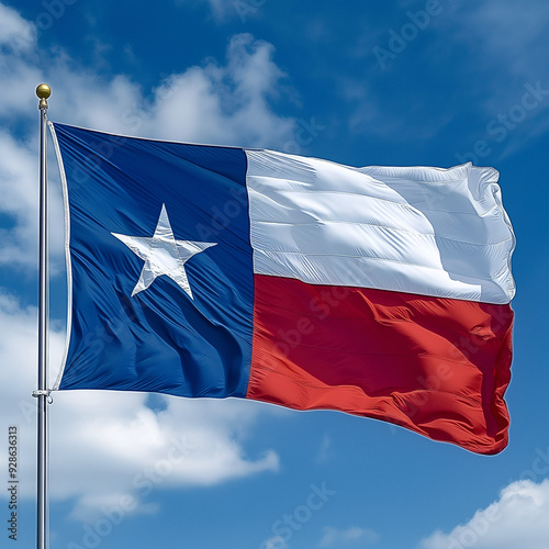 The Texas flag waving proudly on a sunny day, with the bright blue sky and sunlight enhancing the vivid colors of the flag. The image captures the spirit of Texas and its iconic symbol under clear, su