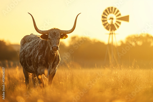 A longhorn cow standing on an old farm at sunset, with the warm glow of the setting sun casting a golden hue over the rustic landscape. The image captures the serene beauty of rural life and the iconi photo