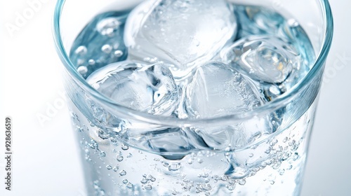 Close-up of a refreshing glass of sparkling water with ice cubes, perfect for thirst-quenching moments and healthy hydration.