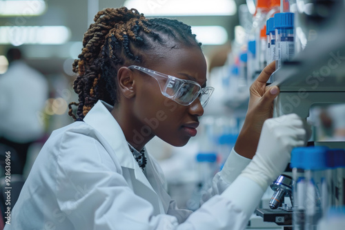 This image captures a lab technician meticulously analyzing samples in a modern laboratory, representing the precision and care involved in scientific research. photo