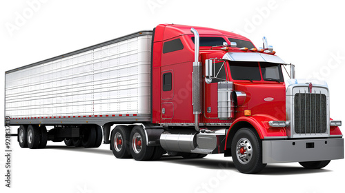 Red trucking logistics vehicle isolated on a white background, emphasizing the bold color and modern design of the truck. The image highlights the vehicle's role in transportation and logistics, makin