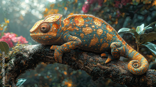 Colorful chameleon on a branch.