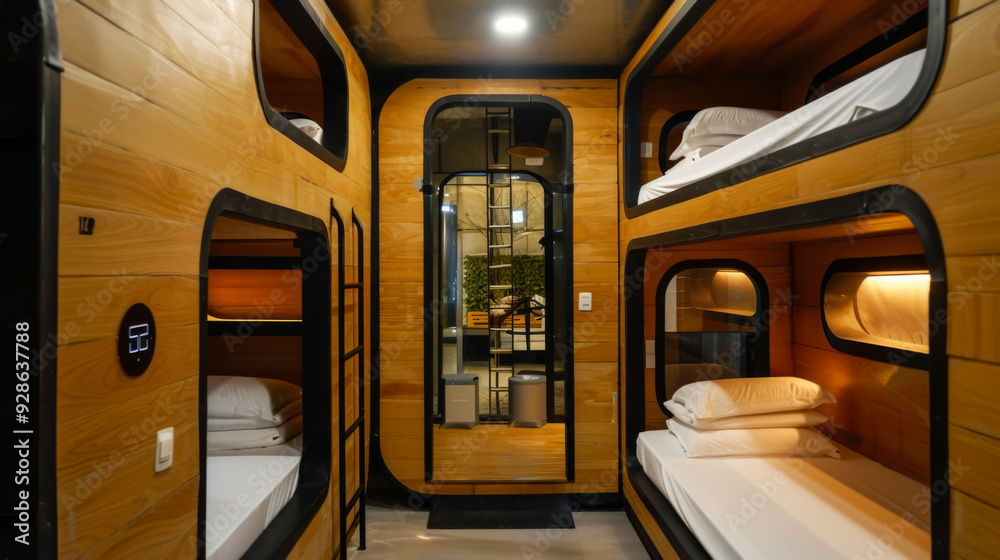 Modern hostel interior with sleeping capsules made of wood and black steel. Design concept. Modern hostel interior with sleeping capsules made of wood and black steel. Design concept.