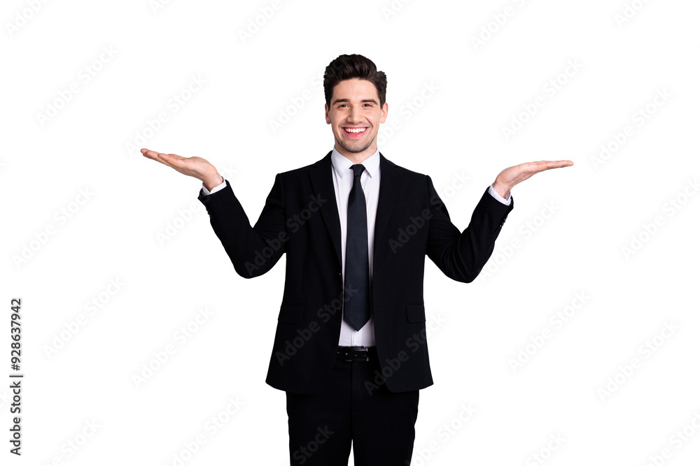 Portrait of handsome stylish sales agent discount present demonstrate advert options choice decision feel satisfied excited entrepreneur success wear modern clothing isolated ashy-gray background Portrait of handsome stylish sales agent discount present demonstrate advert options choice decision feel satisfied excited entrepreneur success wear modern clothing isolated ashy-gray background