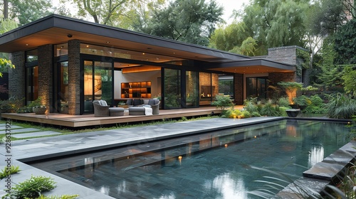 Modern home with pool and patio furniture.