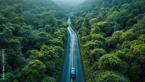 Aerial view of a road surrounded by trees with a car driving along. The image highlights the natural landscape, the winding road, and the car in motion, providing a scenic and dynamic perspective from