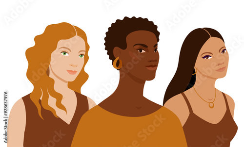 Female portraits. African, asian and caucasian women together. Concept for racial equality, friendship, peaceful coexistence