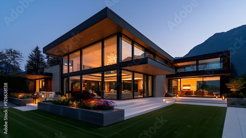 A contemporary, opulent home with expansive balconies, high ceilings, and lots of glass windows situated against a mountain backdrop