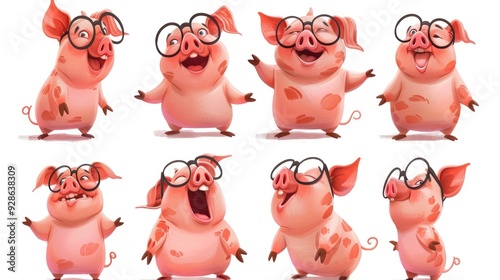 A collection of cute, cartoonish pigs wearing glasses, showcasing various joyful expressions. photo