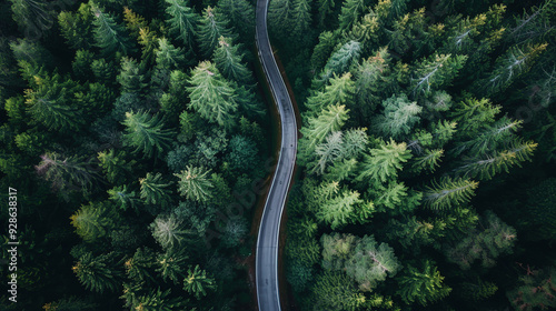A drone view of a road cutting through dense pine trees, captured from above. The image highlights the natural beauty and symmetry of the trees along the winding road, creating a serene, scenic landsc