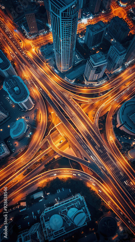 A stunning aerial view of a metropolitan city at night, showcasing a vibrant network of roads crossing each other, illuminated by city lights and traffic.