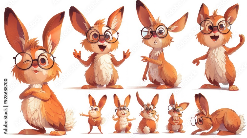 Fototapeta premium A collection of cute cartoon rabbits with various expressions and poses.