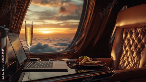 Fototapeta Naklejka Na Ścianę i Meble -  Businessman enjoying sunset view and champagne in private jet cabin