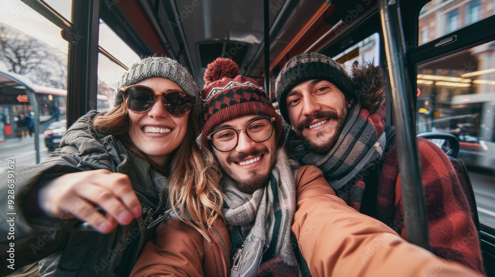 Selfie of three friends sitting in bus wearing warm clothes - Travel concept - Models by AI generative - Focus on the man face Selfie of three friends sitting in bus wearing warm clothes - Travel concept - Models by AI generative - Focus on the man face