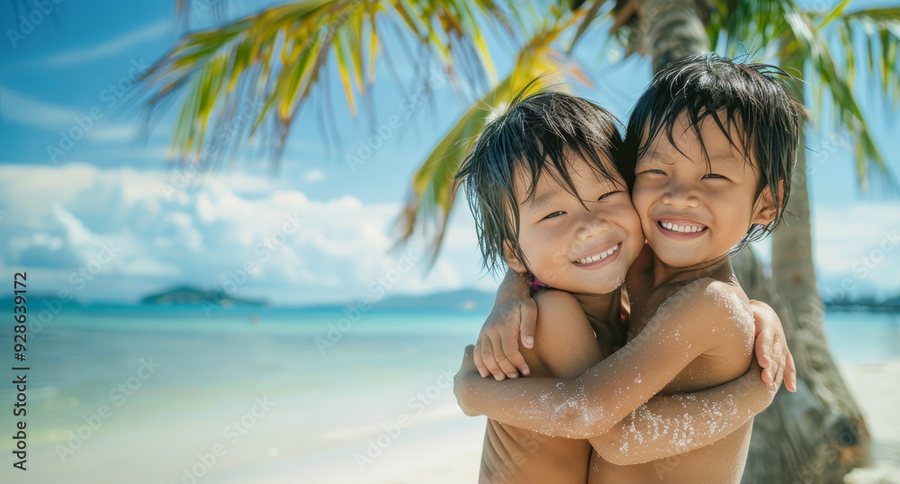 Fototapeta premium Two thai ethnicity children hugging each other on the beach while smiling on camera - Brother and family love concept - Models by AI generative - Focus on the face