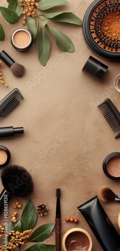 Makeup products on a beige background featuring lipsticks, brushes, foundation, and eyeshadow in a clean, stylish arrangement.