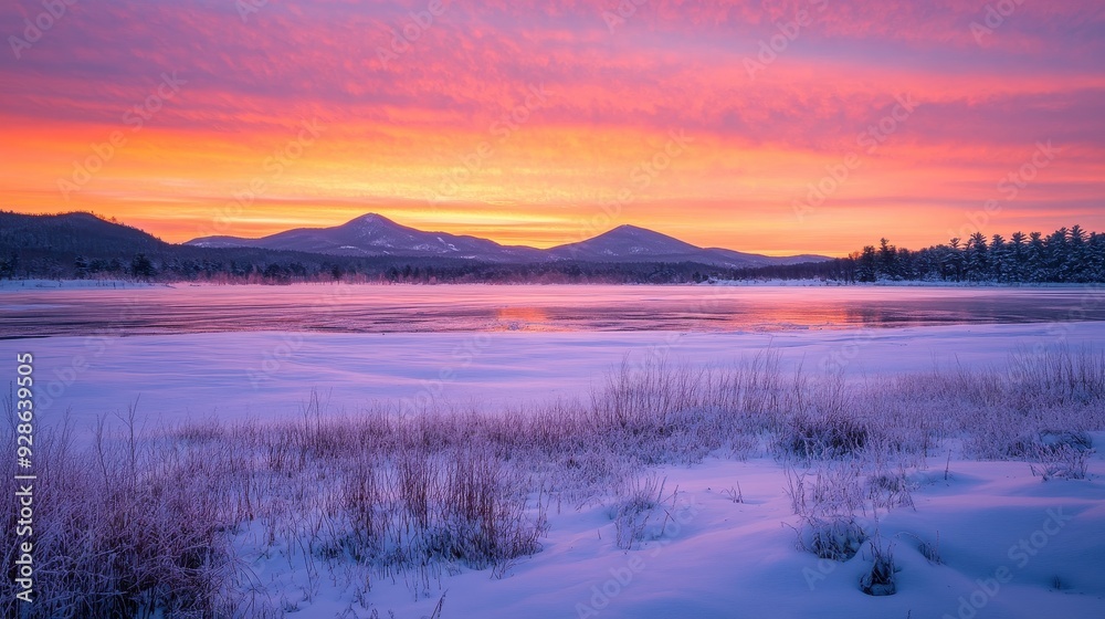 Obraz premium A serene winter landscape at sunset, showcasing snow-covered ground and colorful sky.