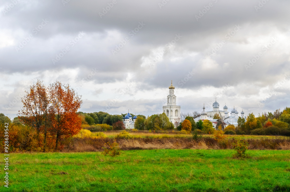 Veliky Novgorod Russia. View of Yuriev Monastery in Veliky Novgorod, soft focus processing, autumn cloudy view of Yuriev monastery in Veliky Novgorod Russia Veliky Novgorod Russia. View of Yuriev Monastery in Veliky Novgorod, soft focus processing, autumn cloudy view of Yuriev monastery in Veliky Novgorod Russia