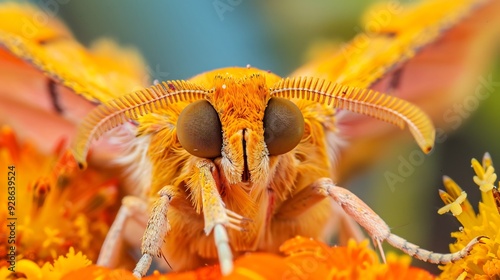 macro shot - Yellow butterfly head, colorful, front view photo